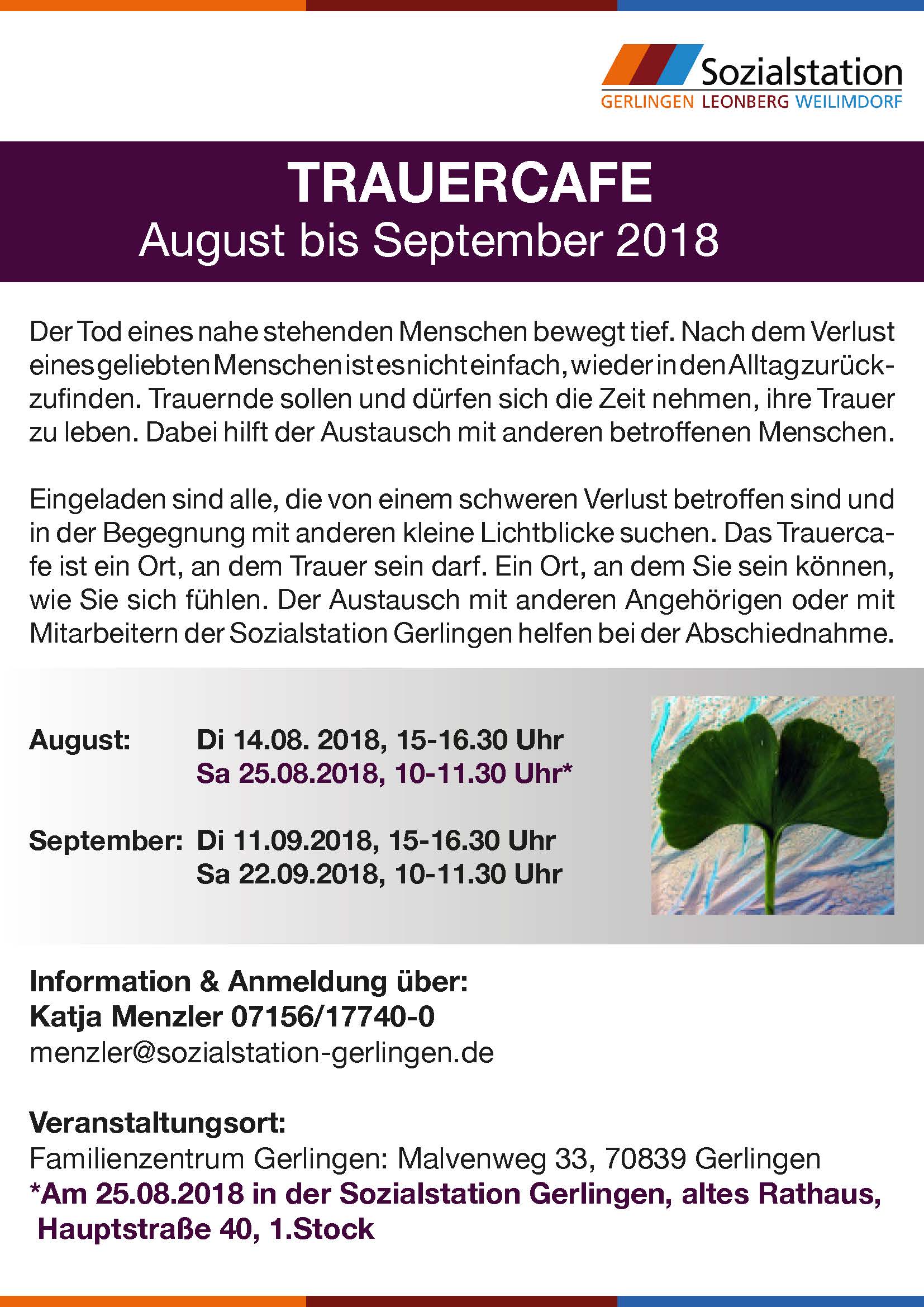Anzeige Trauercafe Gerlingen August und September
